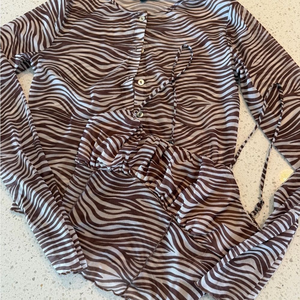 Cotton Candy LA Brown & White Zebra Mesh Top and Bra 2 Pc Set M